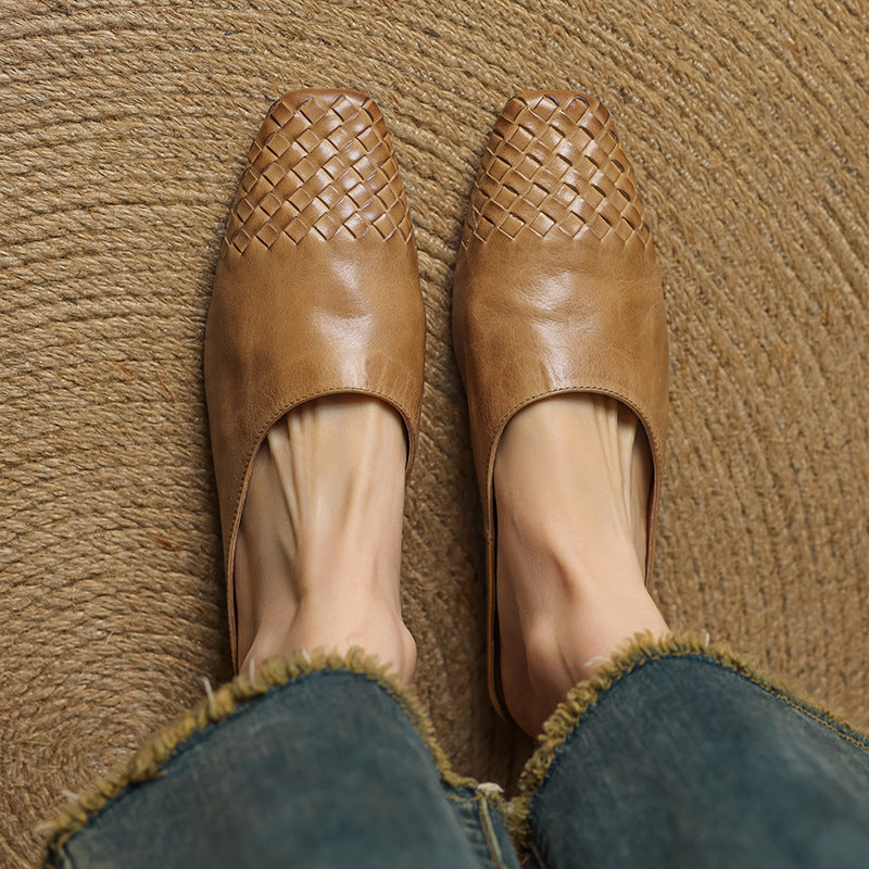 Women's Square Toe Slip-On Mule - Woven Toe Cap - Cowhide Leather Upper
