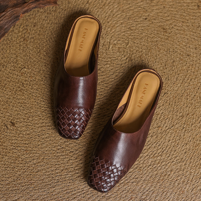 Women's Square Toe Slip-On Mule - Woven Toe Cap - Cowhide Leather Upper