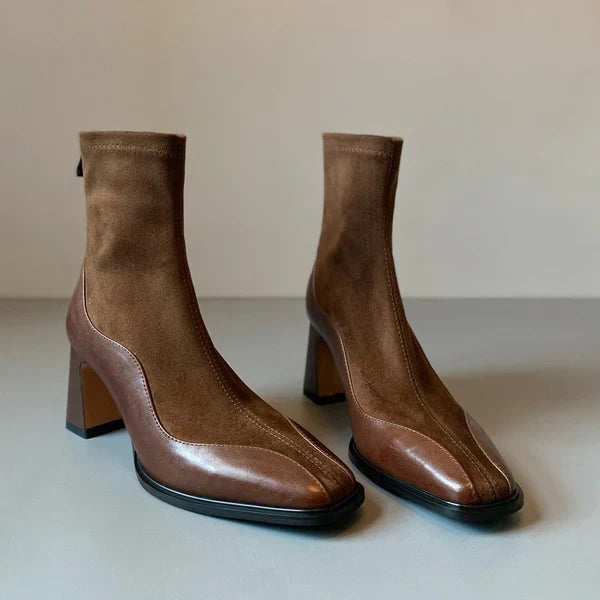 Women’s Ankle Boots with Block Heel and Spliced Panel Design