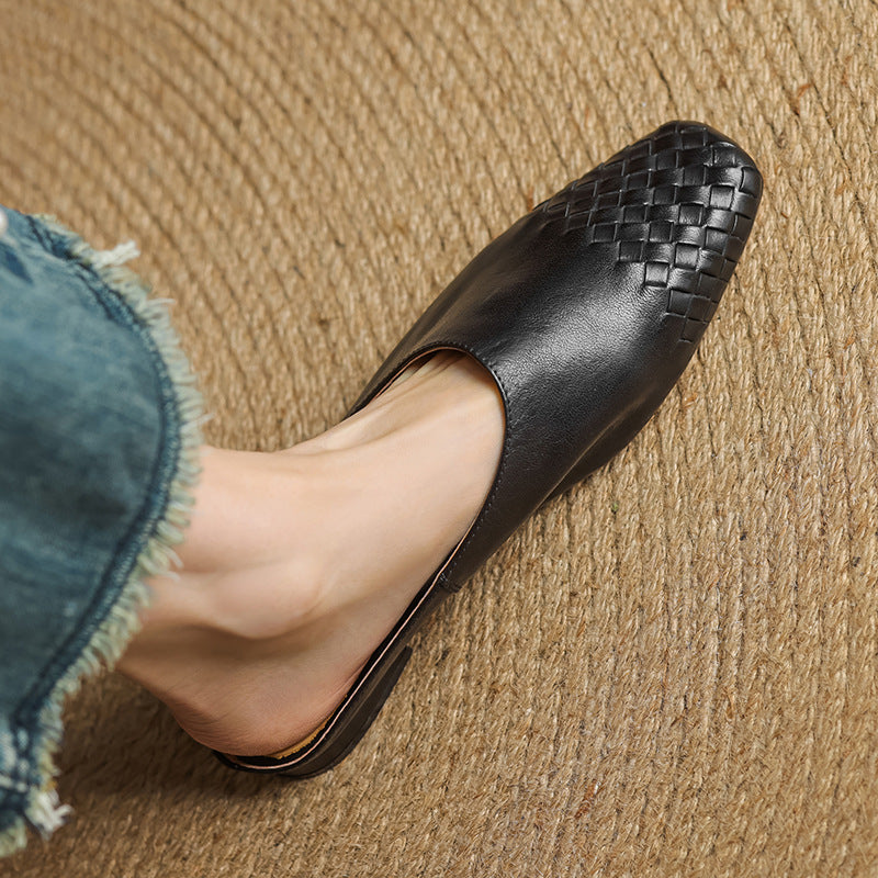 Women's Square Toe Slip-On Mule - Woven Toe Cap - Cowhide Leather Upper