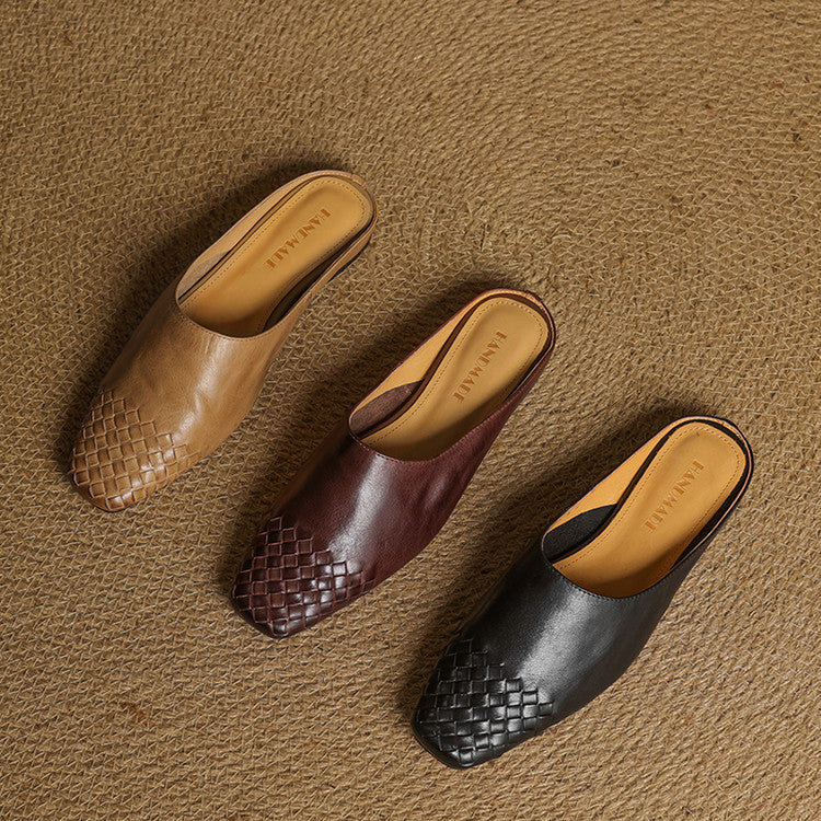 Women's Square Toe Slip-On Mule - Woven Toe Cap - Cowhide Leather Upper