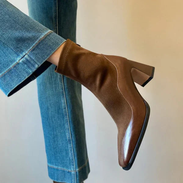 Women’s Ankle Boots with Block Heel and Spliced Panel Design