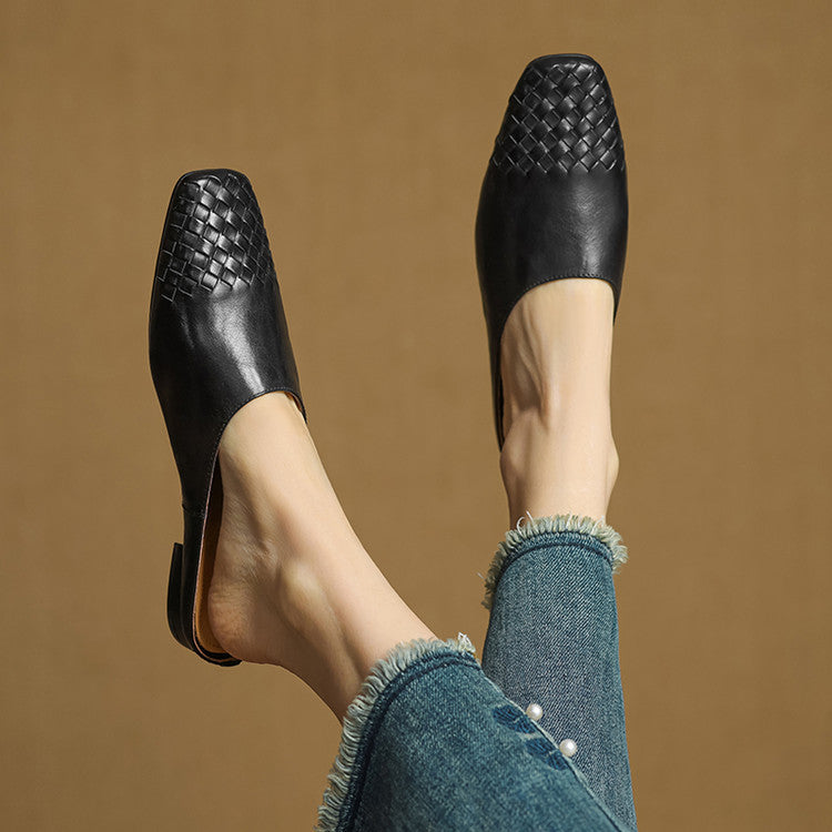 Women's Square Toe Slip-On Mule - Woven Toe Cap - Cowhide Leather Upper