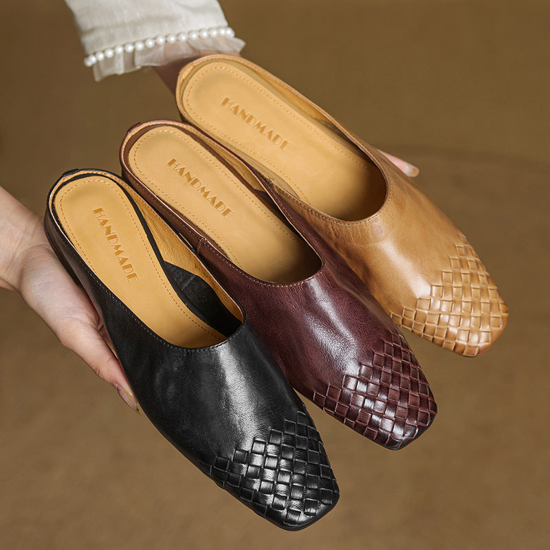 Women's Square Toe Slip-On Mule - Woven Toe Cap - Cowhide Leather Upper