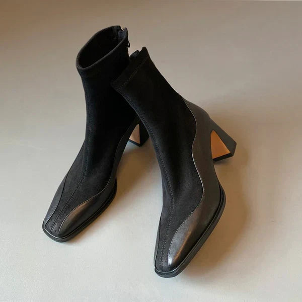 Women’s Ankle Boots with Block Heel and Spliced Panel Design
