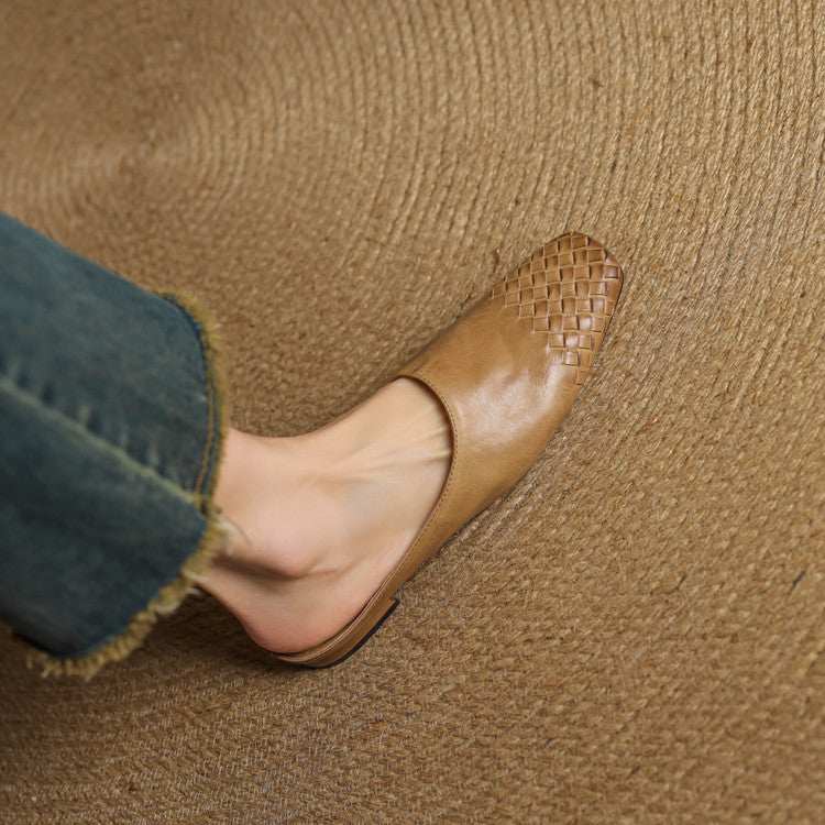 Women's Square Toe Slip-On Mule - Woven Toe Cap - Cowhide Leather Upper