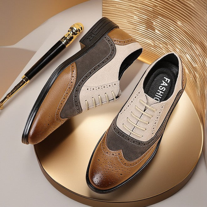 Men's Leather Wingtip Brogue Oxford Shoes - Lace-Up Rubber Sole