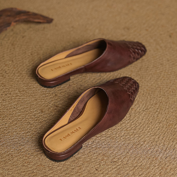 Women's Square Toe Slip-On Mule - Woven Toe Cap - Cowhide Leather Upper