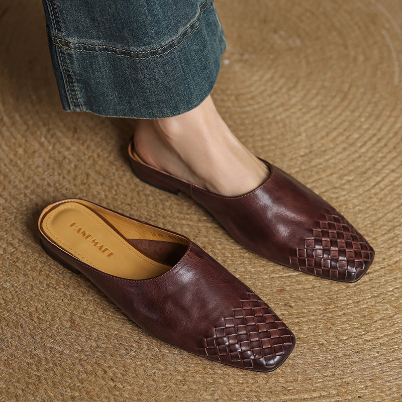 Women's Square Toe Slip-On Mule - Woven Toe Cap - Cowhide Leather Upper