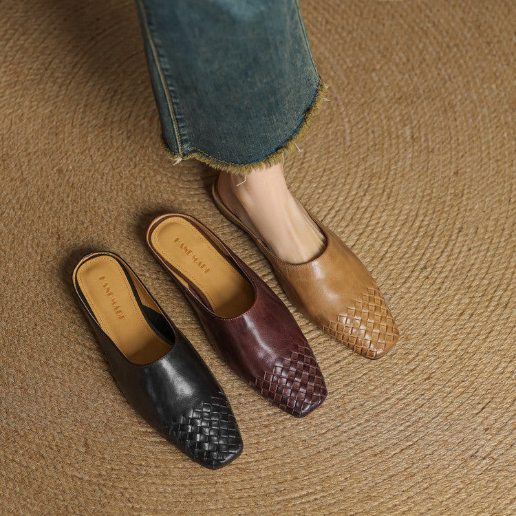 Women's Square Toe Slip-On Mule - Woven Toe Cap - Cowhide Leather Upper