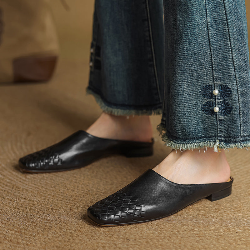 Women's Square Toe Slip-On Mule - Woven Toe Cap - Cowhide Leather Upper