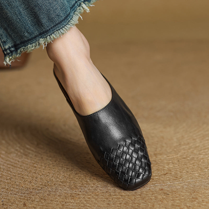 Women's Square Toe Slip-On Mule - Woven Toe Cap - Cowhide Leather Upper