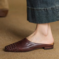 Women's Square Toe Slip-On Mule - Woven Toe Cap - Cowhide Leather Upper
