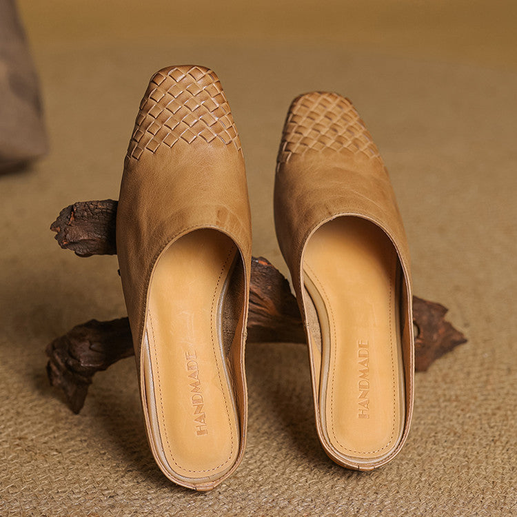 Women's Square Toe Slip-On Mule - Woven Toe Cap - Cowhide Leather Upper