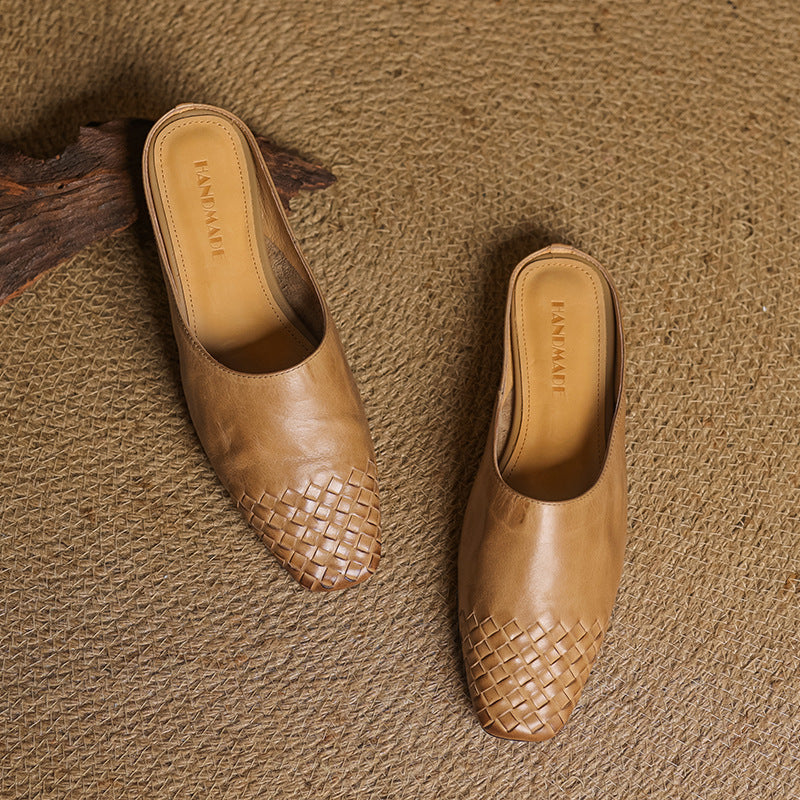 Women's Square Toe Slip-On Mule - Woven Toe Cap - Cowhide Leather Upper