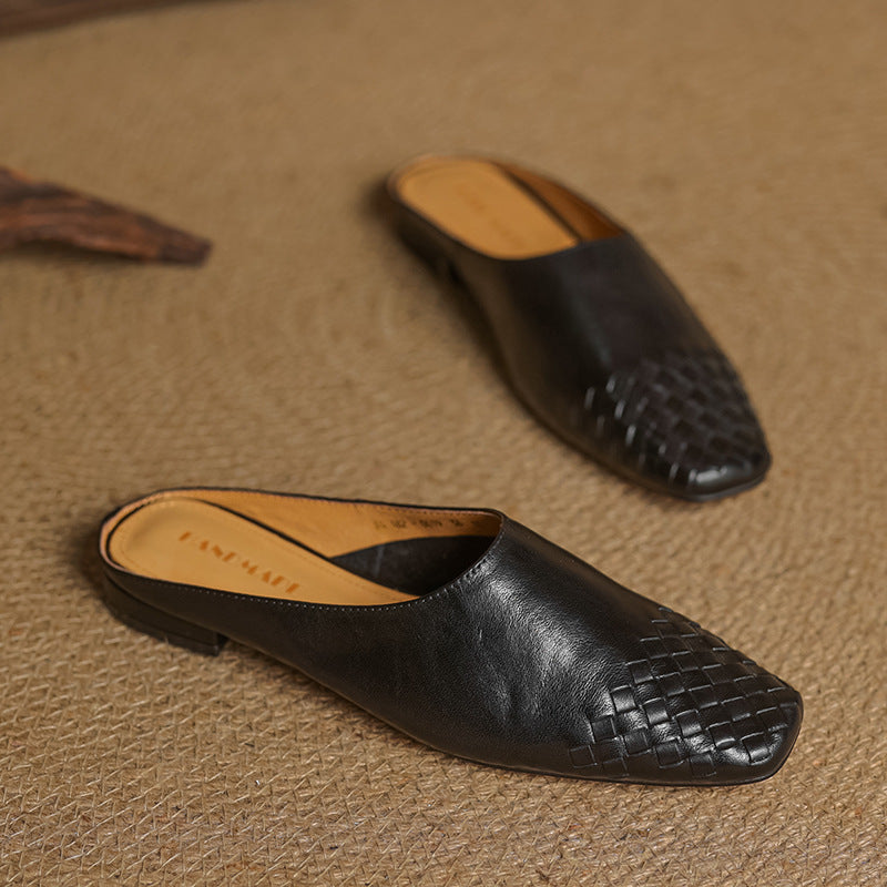 Women's Square Toe Slip-On Mule - Woven Toe Cap - Cowhide Leather Upper