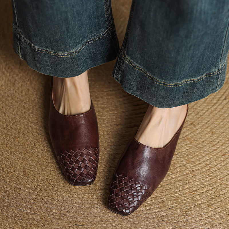 Women's Square Toe Slip-On Mule - Woven Toe Cap - Cowhide Leather Upper