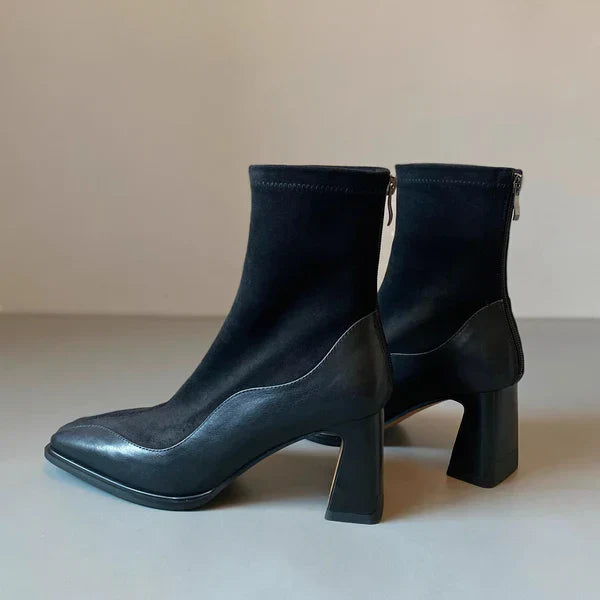 Women’s Ankle Boots with Block Heel and Spliced Panel Design