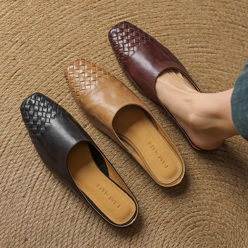 Women's Square Toe Slip-On Mule - Woven Toe Cap - Cowhide Leather Upper