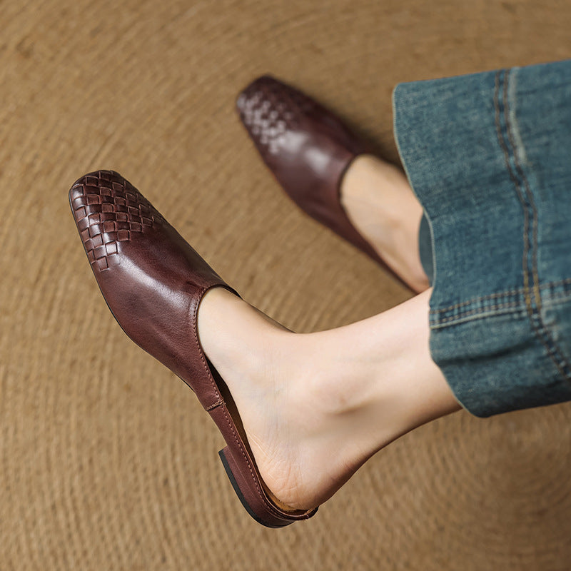 Women's Square Toe Slip-On Mule - Woven Toe Cap - Cowhide Leather Upper