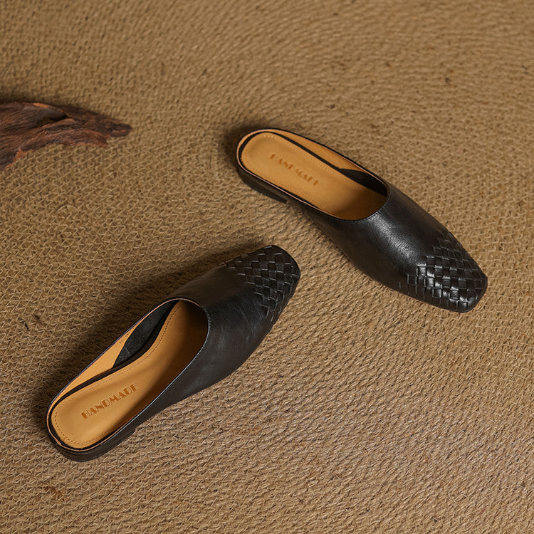 Women's Square Toe Slip-On Mule - Woven Toe Cap - Cowhide Leather Upper