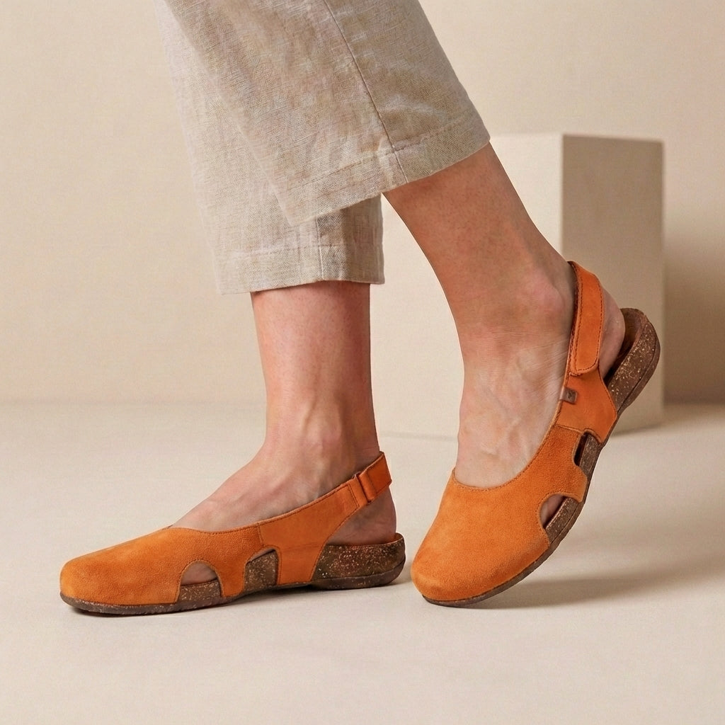 Women’s Rounded Toe Slingback Shoes with Cut-Out Sides and Cork-Style Sole