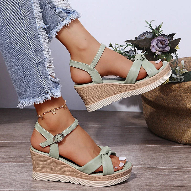 Women’s Open Toe Wedge Sandals with Platform Sole and Ankle Strap Buckle