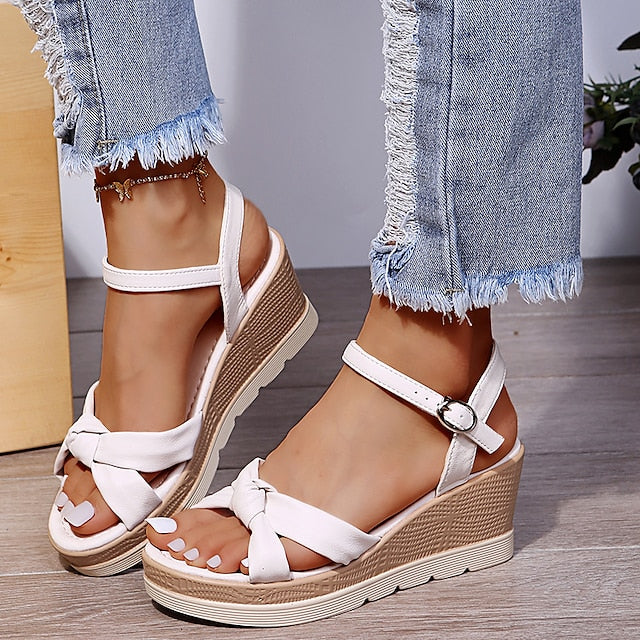 Women’s Open Toe Wedge Sandals with Platform Sole and Ankle Strap Buckle