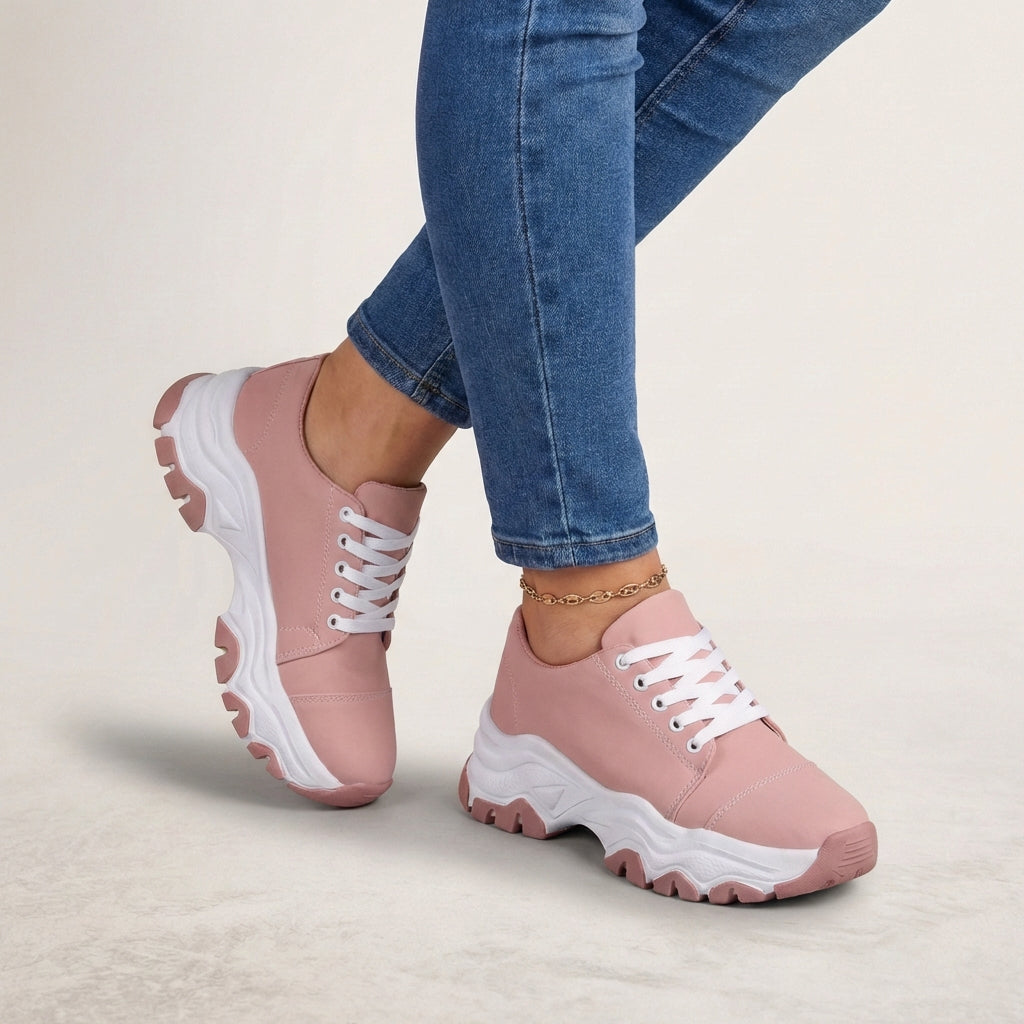 Women’s Lace-Up Low-Top Sneakers with Rounded Toe and Thick Sole