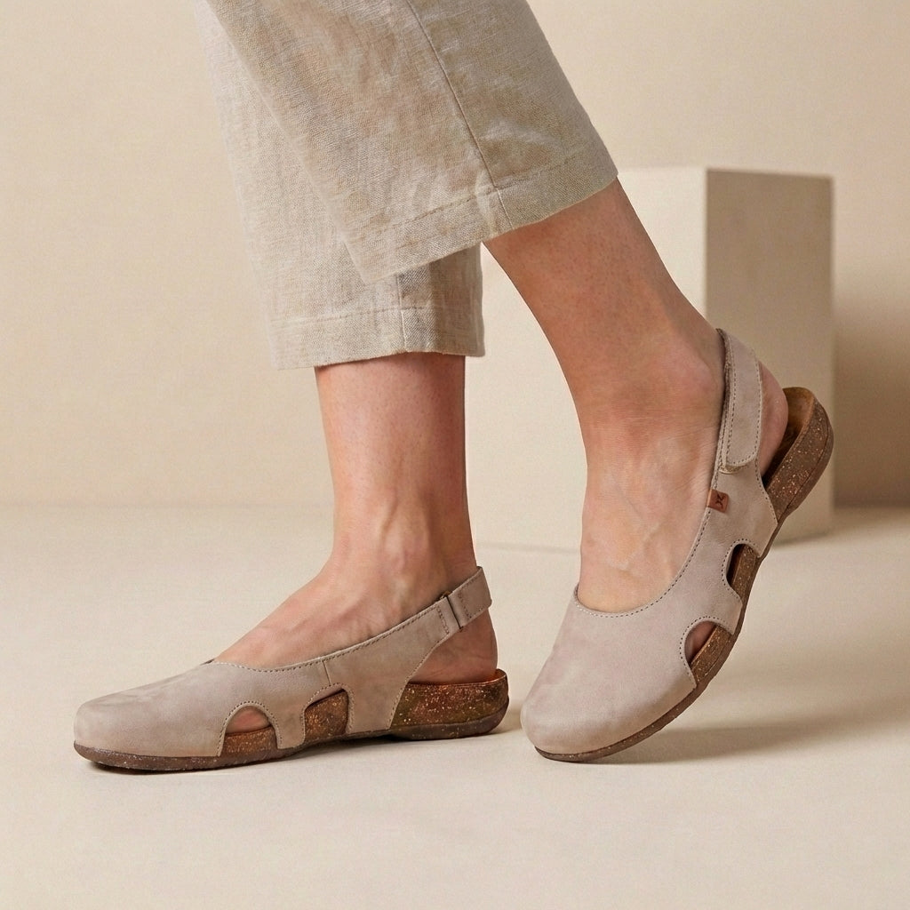 Women’s Rounded Toe Slingback Shoes with Cut-Out Sides and Cork-Style Sole