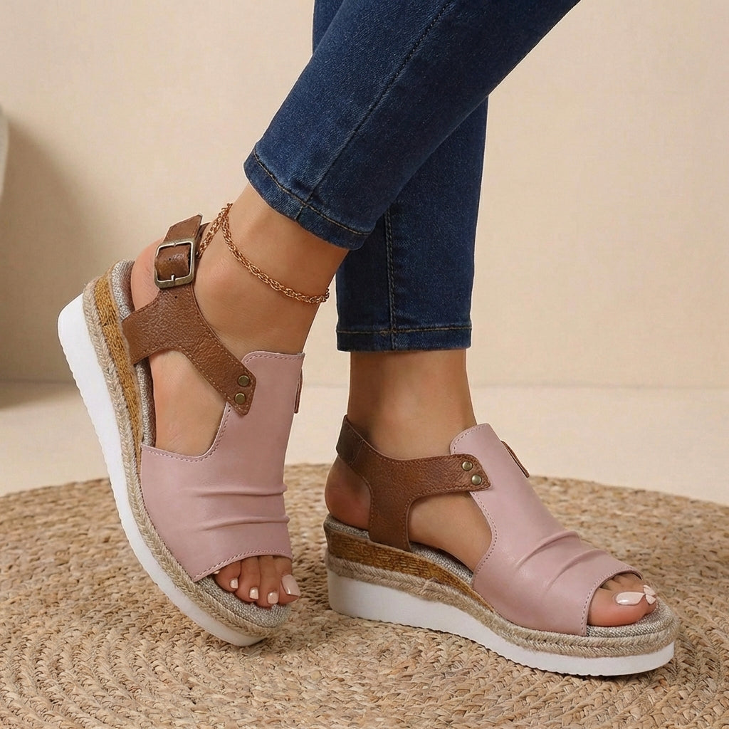 Women's Peep Toe Wedge Sandals - T-Strap Cutout Vamp - Slingback Buckle Strap - Espadrille Platform Sole