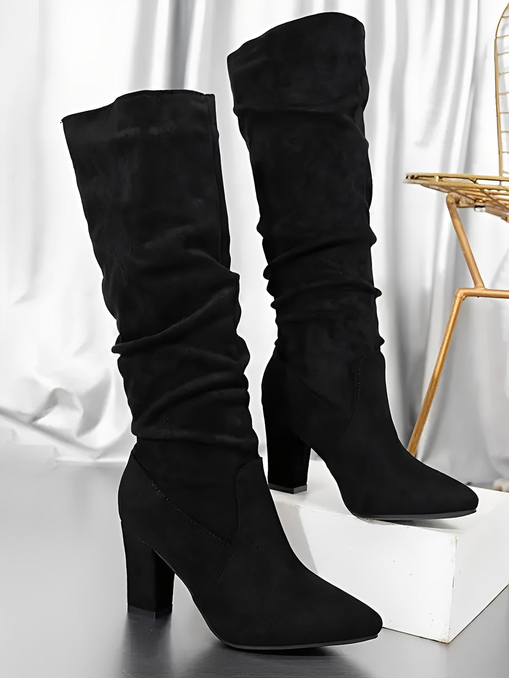Women’s Modern High Boots with Block Heel and Slouch Design