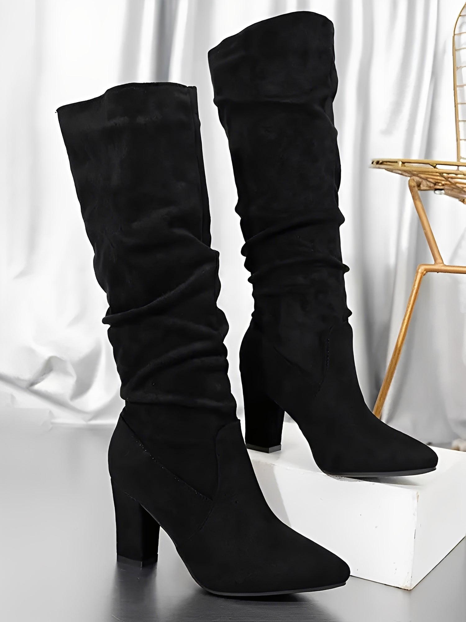 Women’s Modern High Boots with Block Heel and Slouch Design