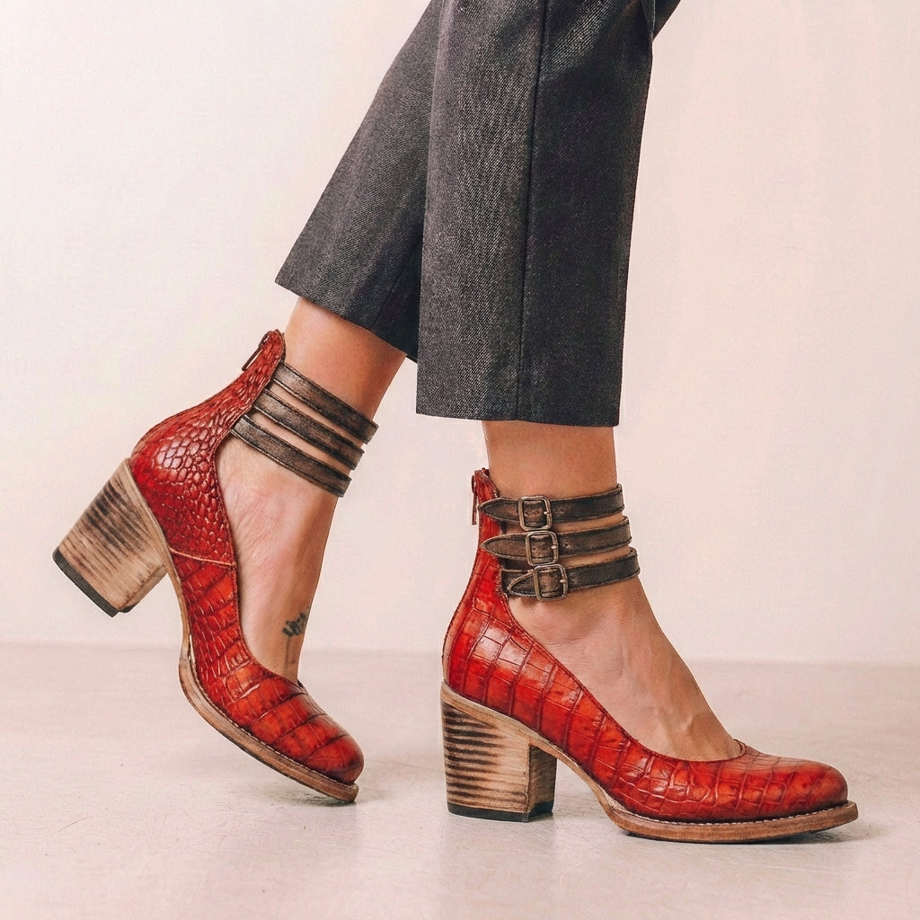 Women’s Rounded Toe Block Heel Pumps with Buckled Ankle Straps and Cut-Out Sides