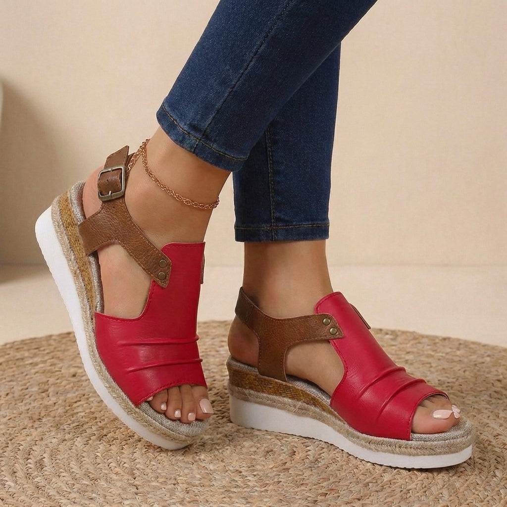 Women's Peep Toe Wedge Sandals - T-Strap Cutout Vamp - Slingback Buckle Strap - Espadrille Platform Sole