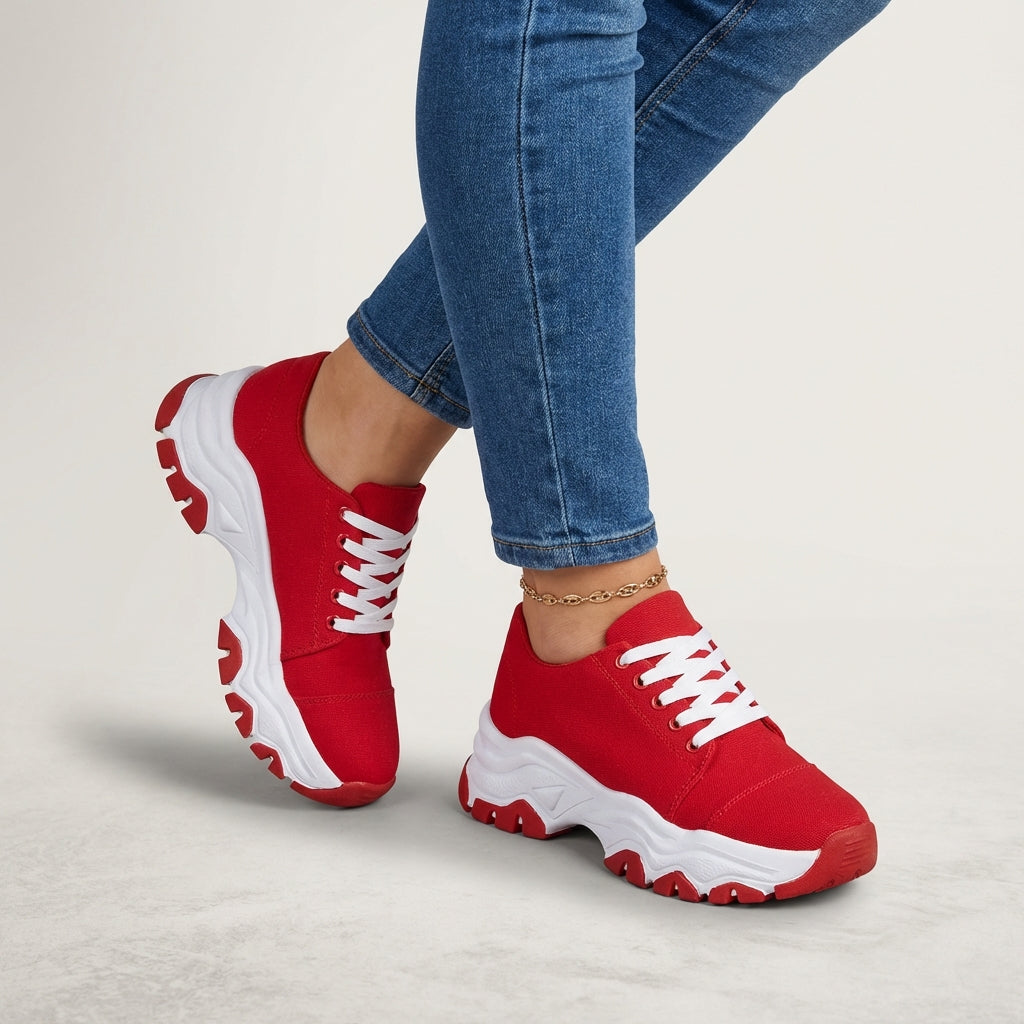 Women’s Lace-Up Low-Top Sneakers with Rounded Toe and Thick Sole