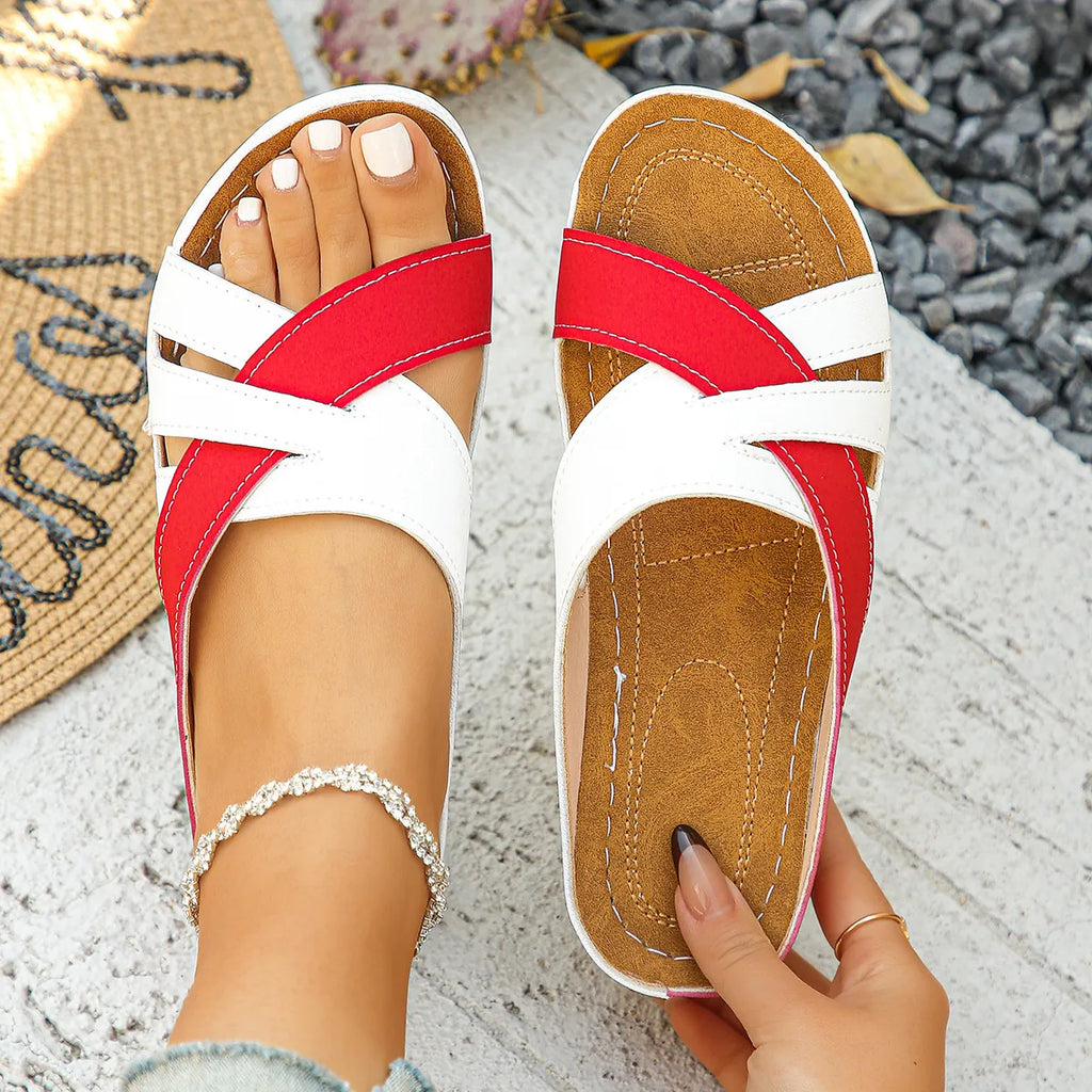 Women's Open Toe Wedge Slide Sandals - Crossover Strap - Cutout Detail