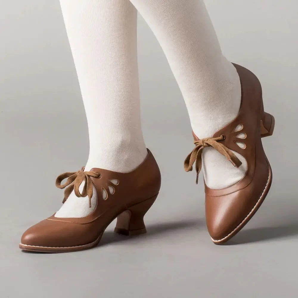 Women’s Round Toe Faux Leather Lace-Up Heels with Cut-Out Detail and Sculpted Heel