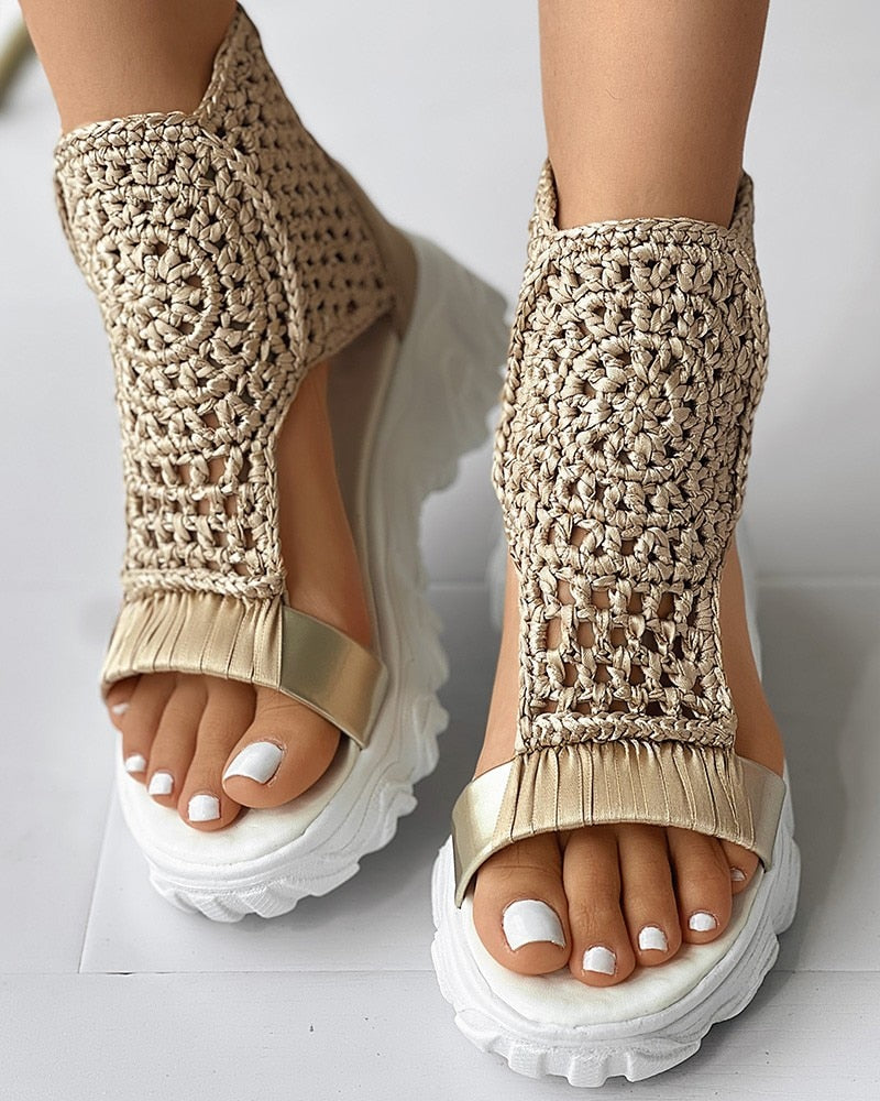 Women’s Open Toe Wedge Sandals with Woven Upper and Platform Sole