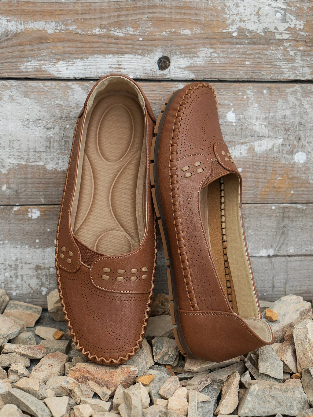 Women's Slip-On Loafer Flats - Round Toe - Perforated Upper - Lug Sole