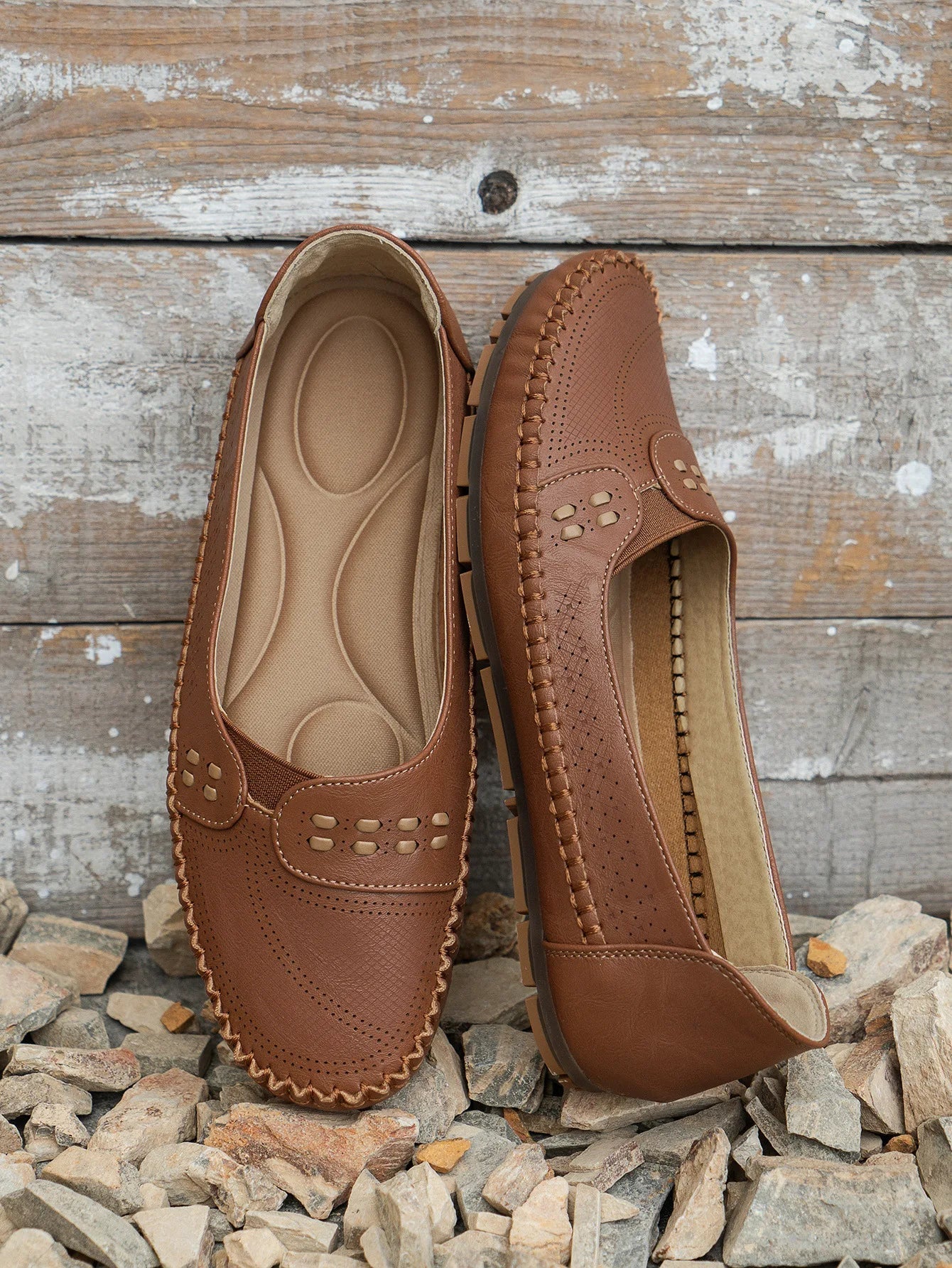 Women's Slip-On Loafer Flats - Round Toe - Perforated Upper - Lug Sole