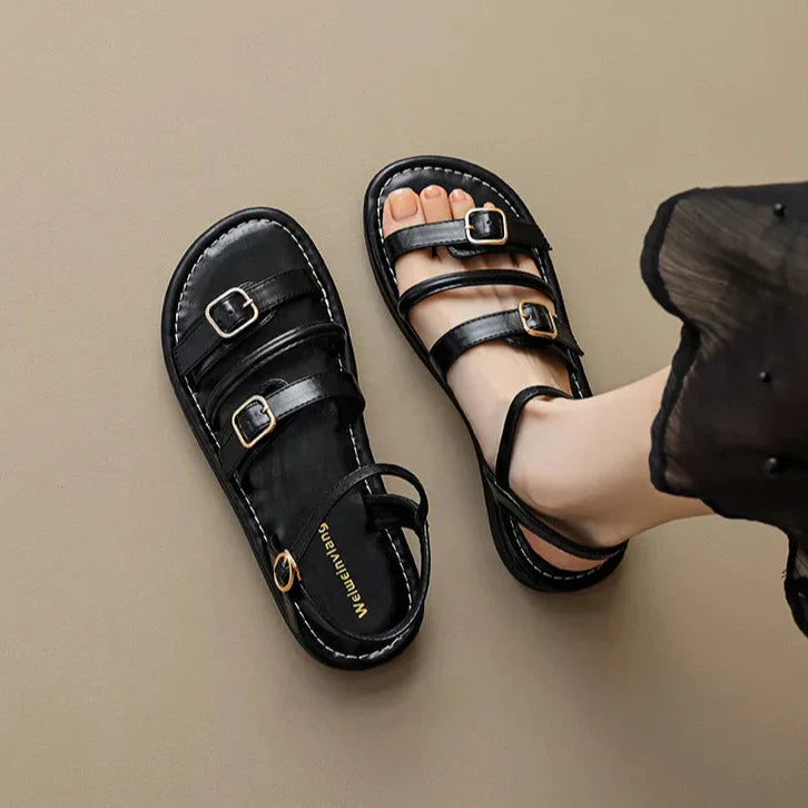 Women’s Flat Leather Sandals with Multi-Strap Buckle Design and Open Toe