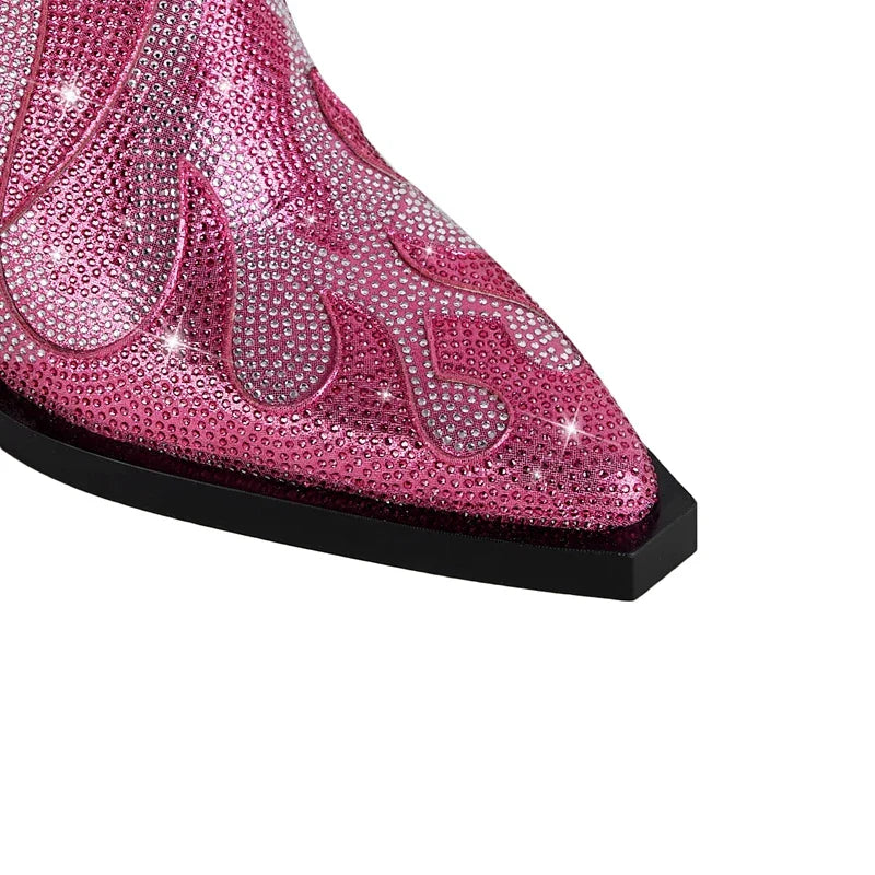 Women's Rhinestone Western Ankle Boots - Pointed Toe Block Heel