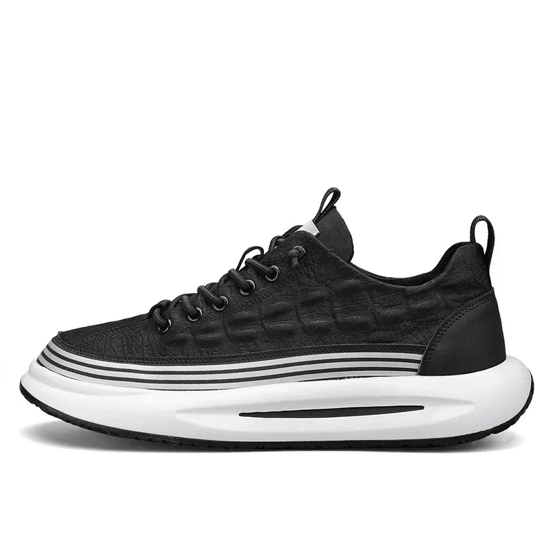 Men's Casual Sneakers - Lace-Up Embossed Upper Thick Cupsole Stripe Midsole
