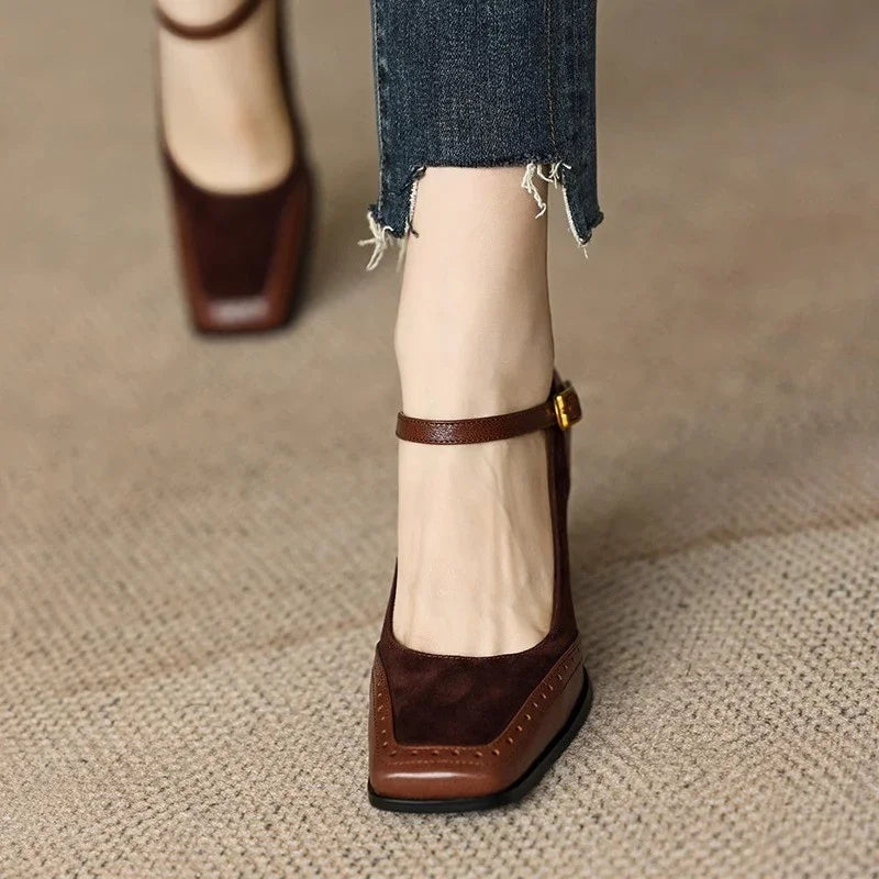 Women’s Square Toe Mary Jane Heels with Ankle Strap Buckle and Block Heel