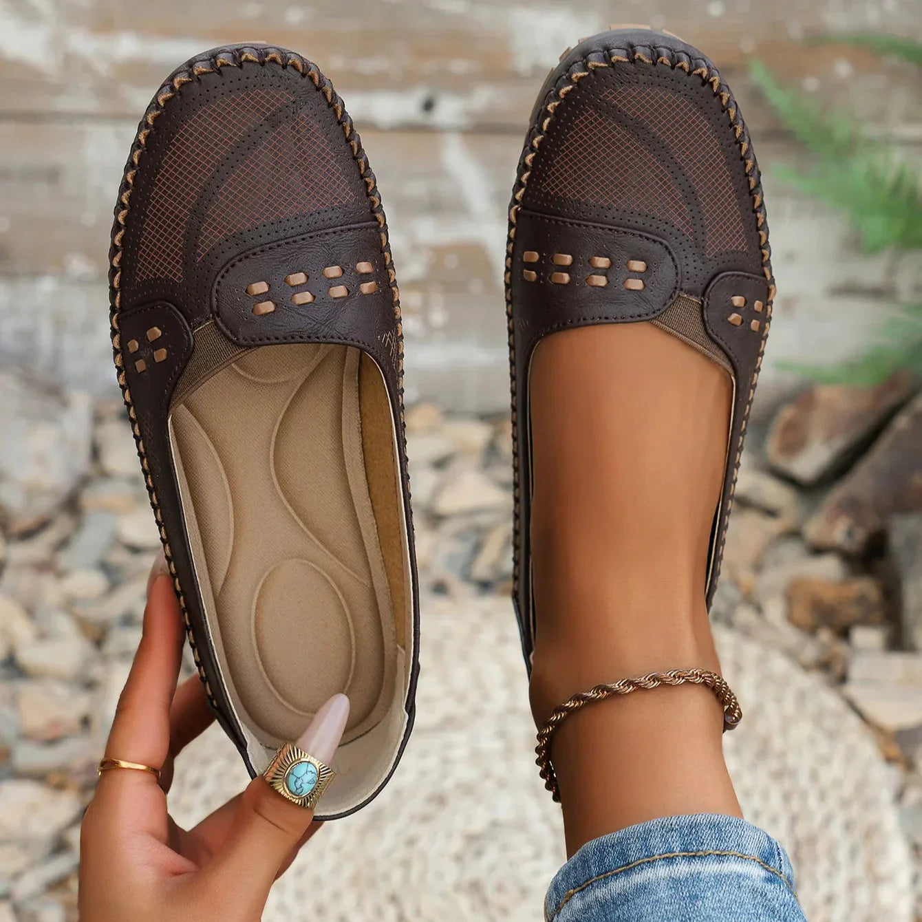 Women's Slip-On Loafer Flats - Round Toe - Perforated Upper - Lug Sole