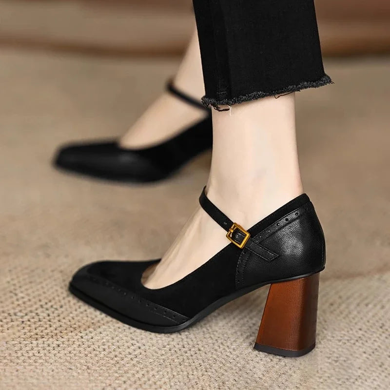 Women’s Square Toe Mary Jane Heels with Ankle Strap Buckle and Block Heel