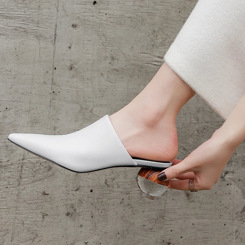 Women's Leather Pointed Toe Mules - Closed Toe - Sphere Heel - Slip-On Sandals