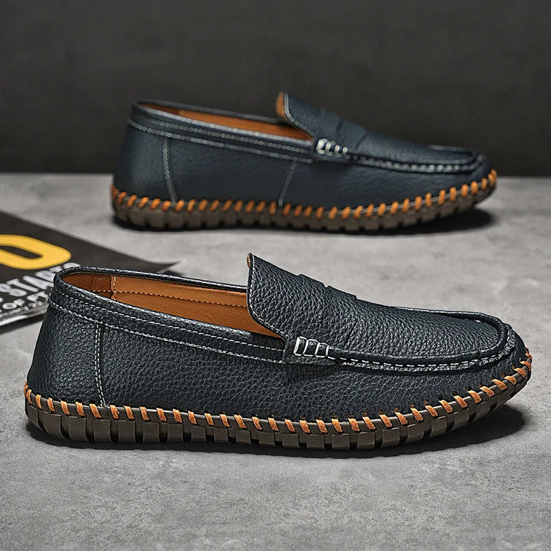 Men's Genuine Leather Penny Loafers - Hand-Stitched Slip-On
