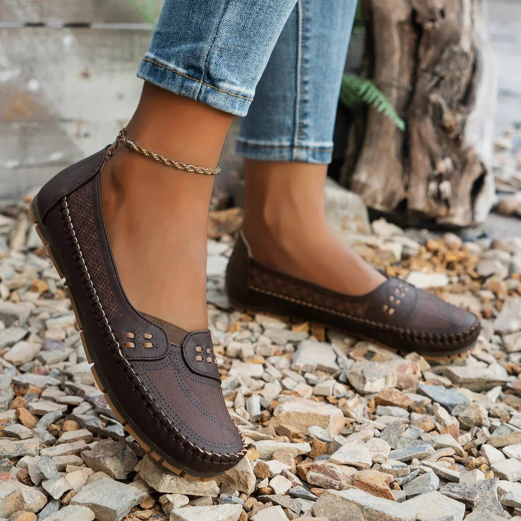 Women's Slip-On Loafer Flats - Round Toe - Perforated Upper - Lug Sole